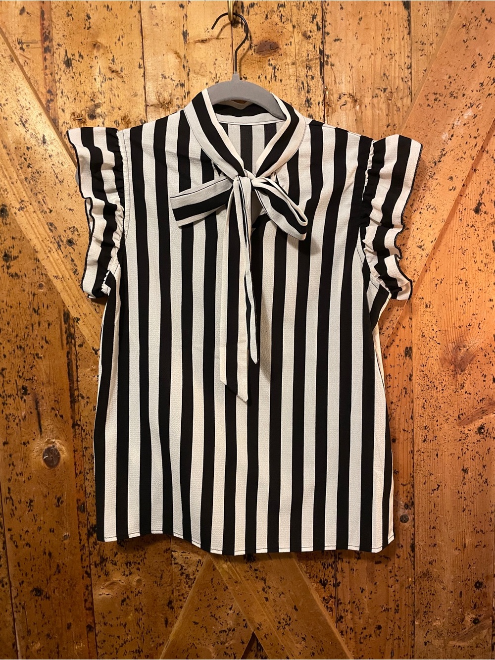 Women's Black & White Striped Tie-Neck Blouse